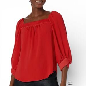 Trina Turk Chihiro Blouse Size S Satin Reina Red Square Neck 3/4 Sleeve